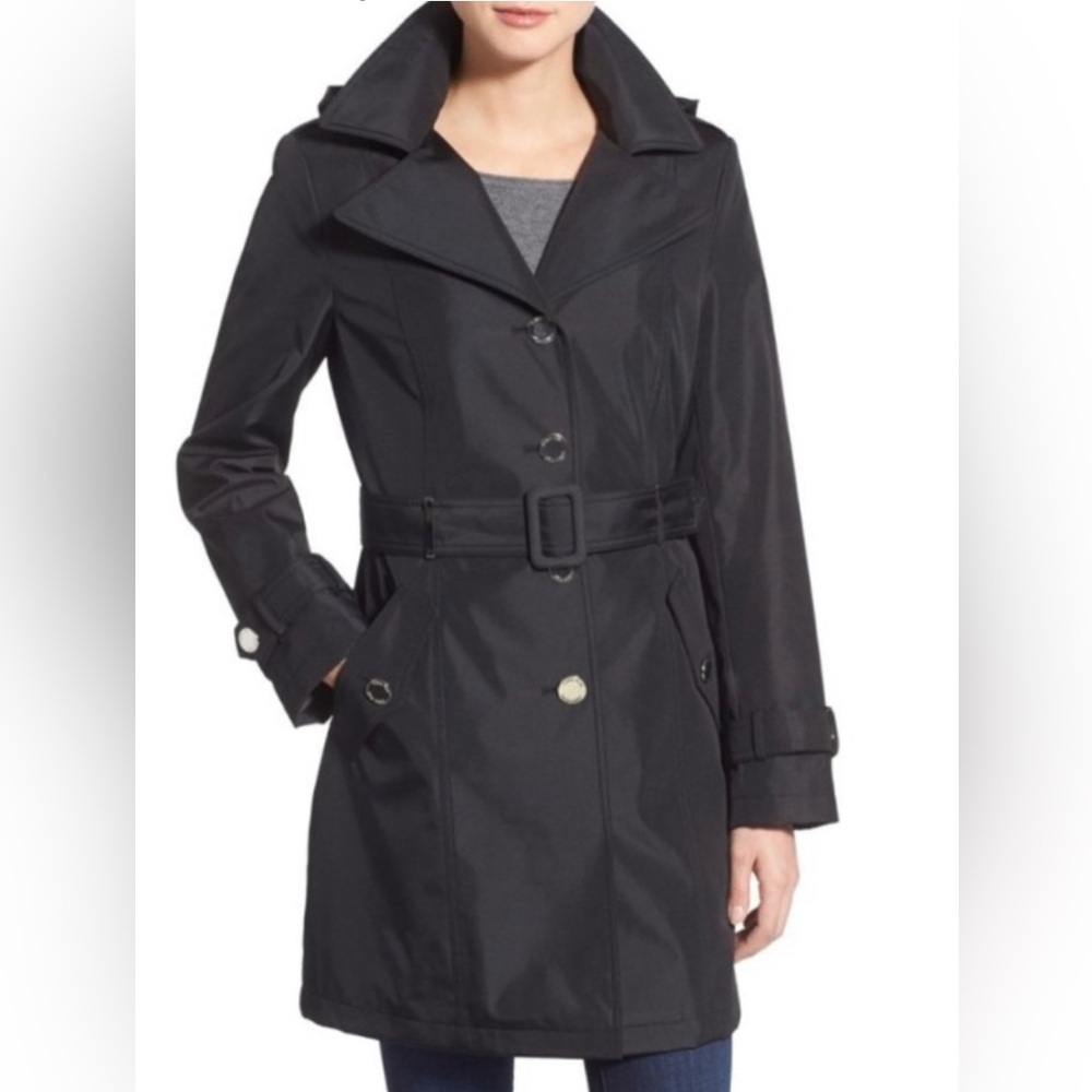 Calvin Klein Button Front Pockets Belted Lined Spring Raincoat Black Size Medium